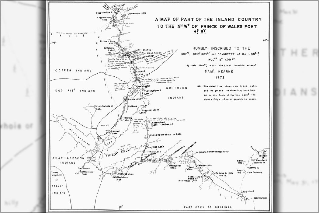 24"x36" Gallery Poster, Map nw of Prince of Wales Hudons Bay by Samuel Hearne 1772