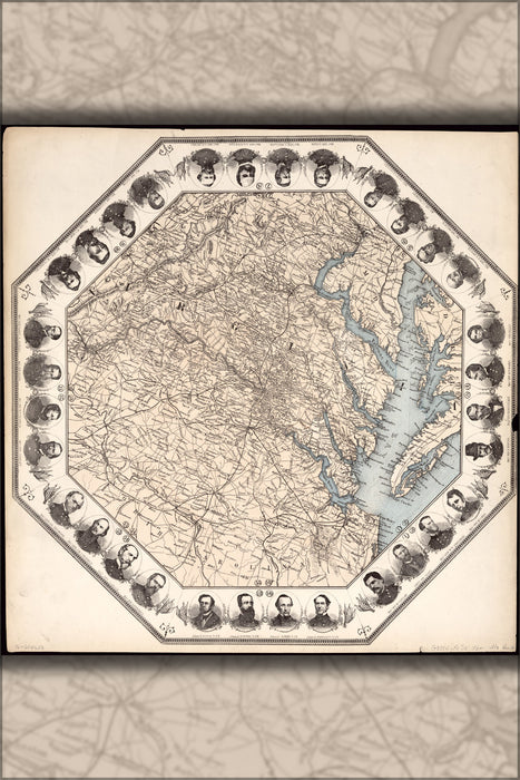 24"x36" Gallery Poster, Map of 100 miles around Richmond & union officers