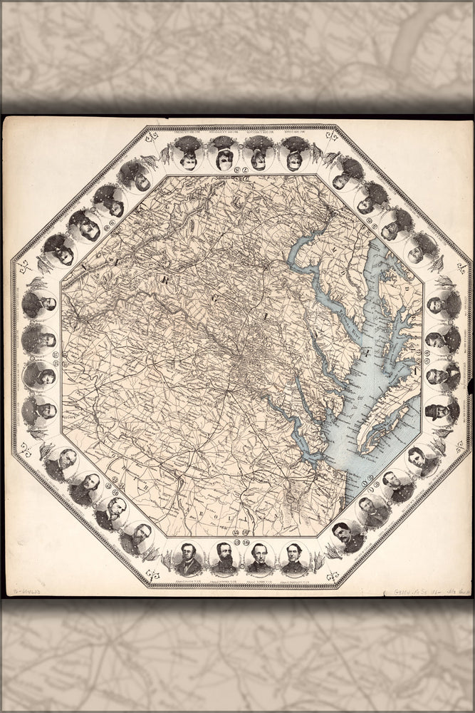 24"x36" Gallery Poster, Map of 100 miles around Richmond & union officers