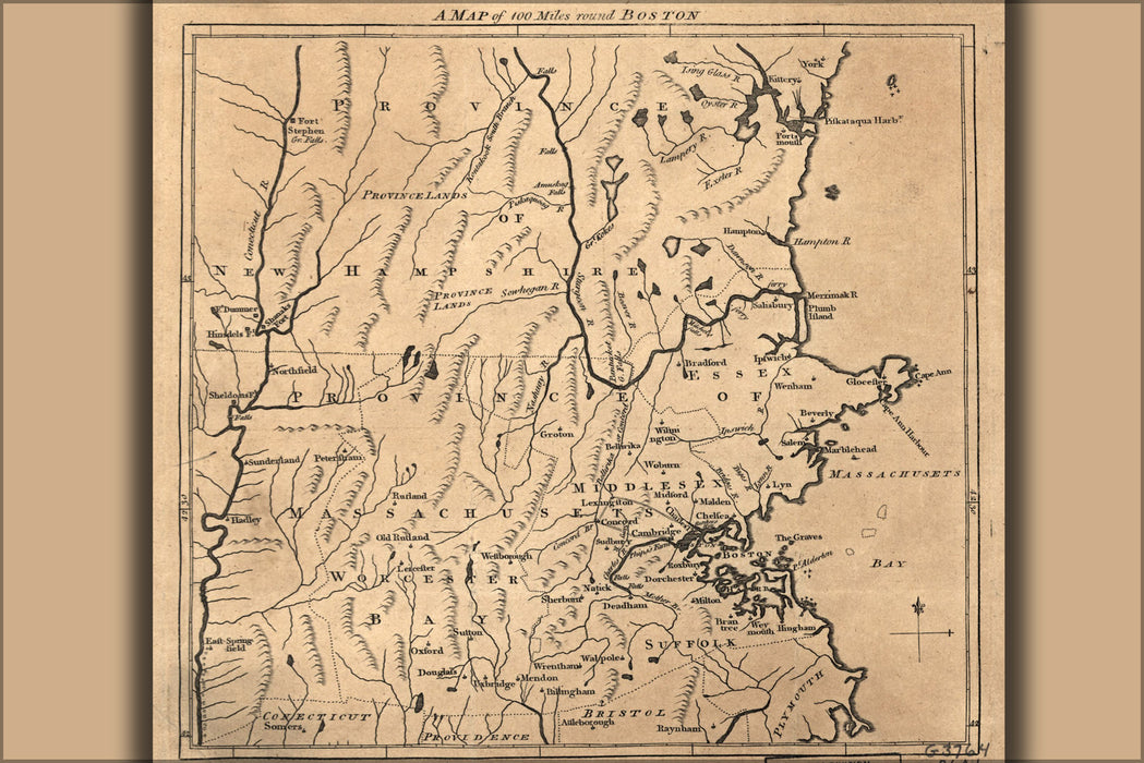 24"x36" Gallery Poster, Map of 100 miles round Boston 1775