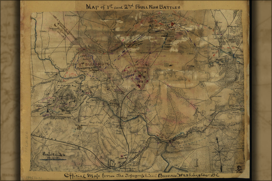 24"x36" Gallery Poster, Map of 1st and 2nd Bull Run battles 1865