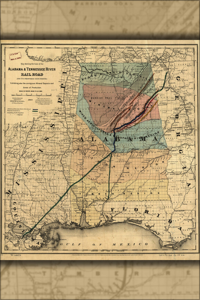24"x36" Gallery Poster, Map of Alabama & Tennessee River RailRoad 1865 P2