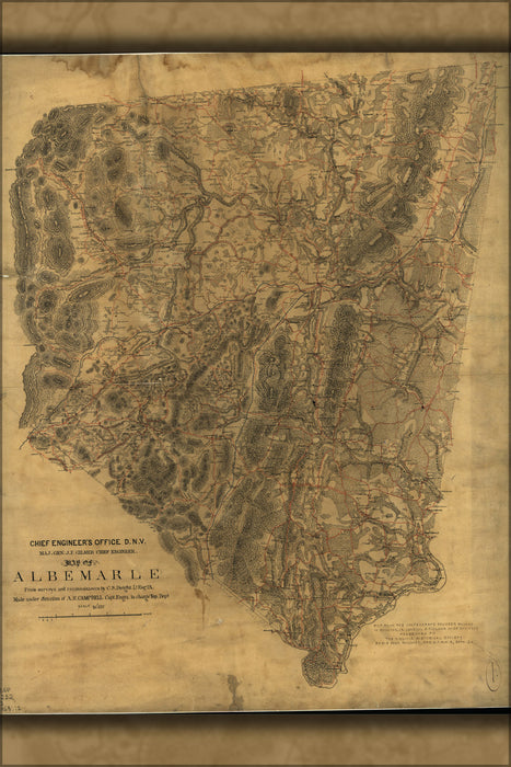 24"x36" Gallery Poster, Map of Albemarle virginia 1864 confederate map