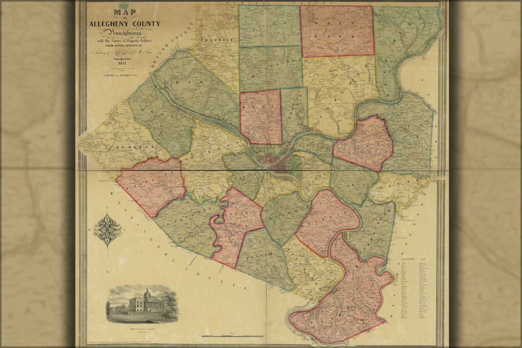 24"x36" Gallery Poster, Map of Allegheny County, Pennsylvania 1851