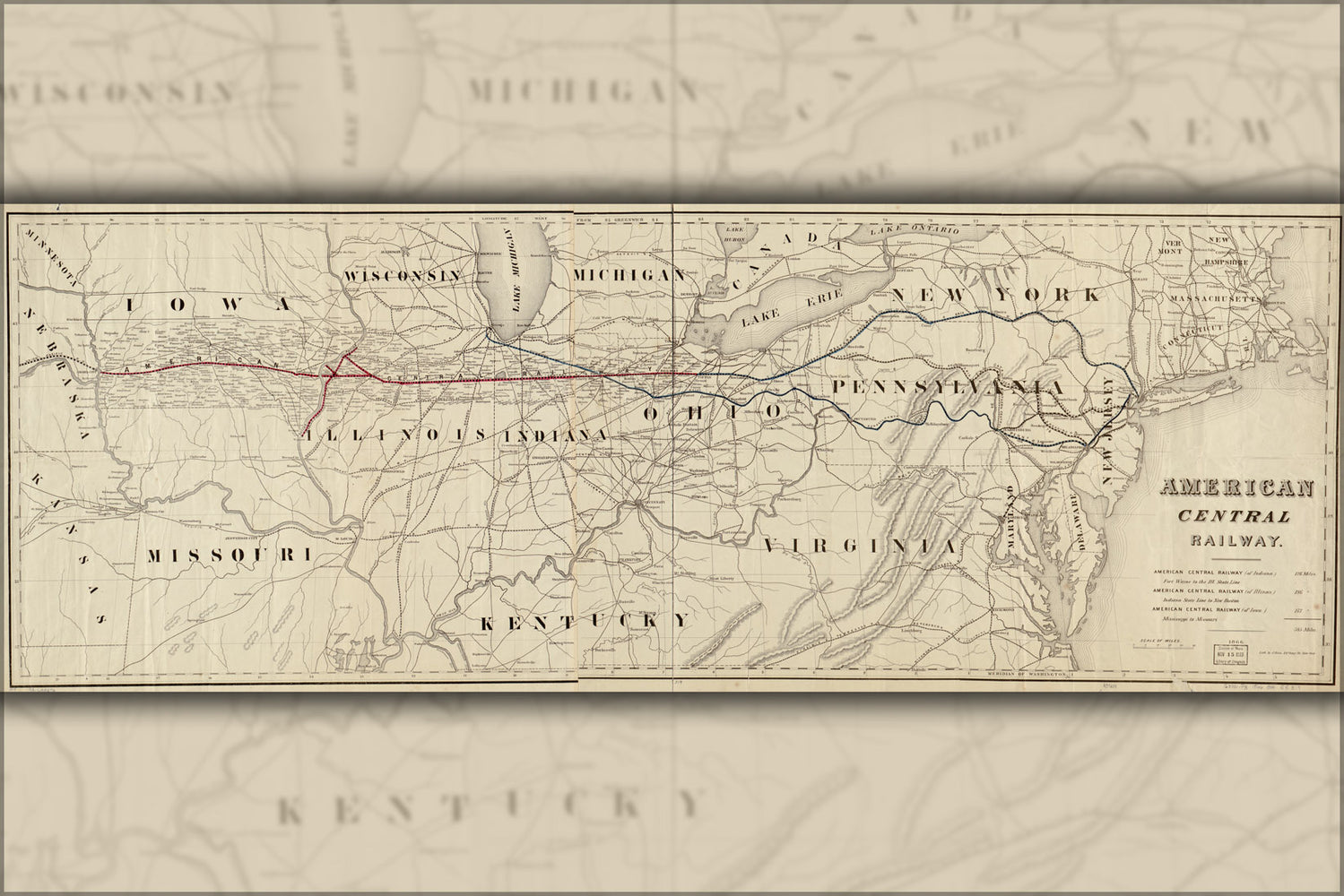 24"x36" Gallery Poster, Map of American Central Railroad; ohio indiana illinois, 1866