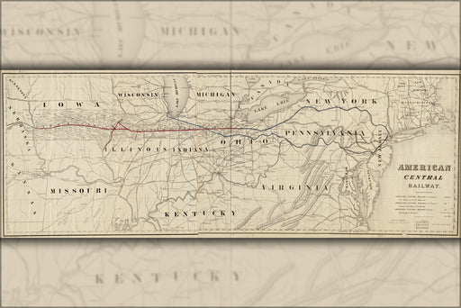 24"x36" Gallery Poster, Map of American Central Railroad; ohio indiana illinois, 1866
