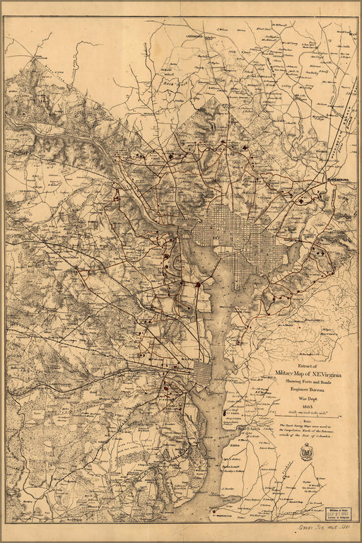 24"x36" Gallery Poster, Map of American Civil War defenses of Washington, D.C. in 1865