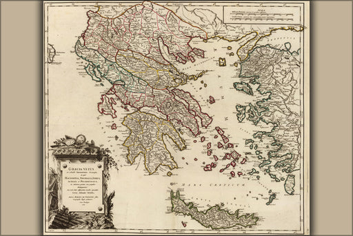 24"x36" Gallery Poster, Map of Ancient Greece, Graecia Vetus (Macedonia, Thessaly, Epirus, Achaia, Peloponnesus) c1752 by Vaugondy