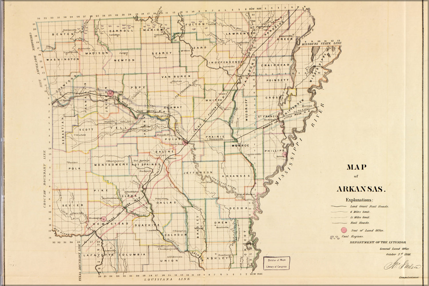 24"x36" Gallery Poster, Map of Arkansas 1866