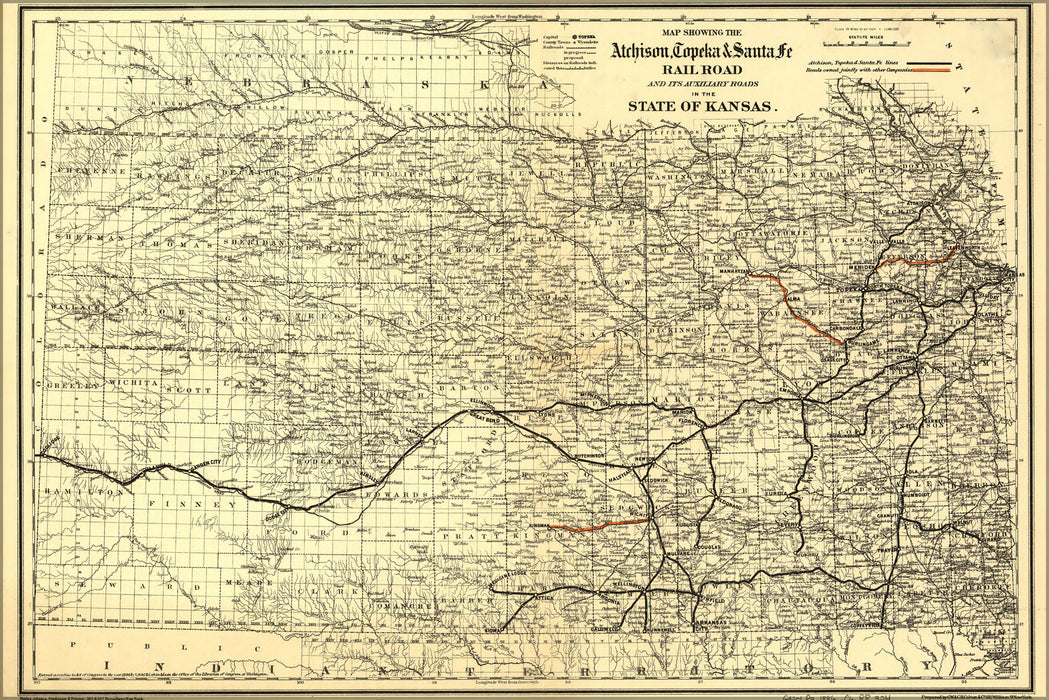 24"x36" Gallery Poster, Map of Atchison, Topeka & Santa F Rail Road in Kansas 1886