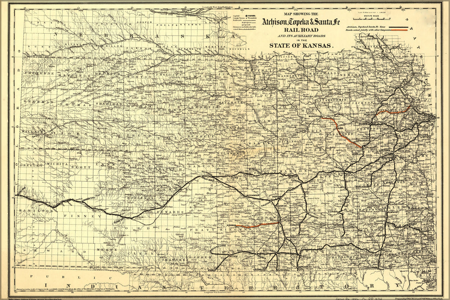 24"x36" Gallery Poster, Map of Atchison, Topeka & Santa F Rail Road in Kansas 1886