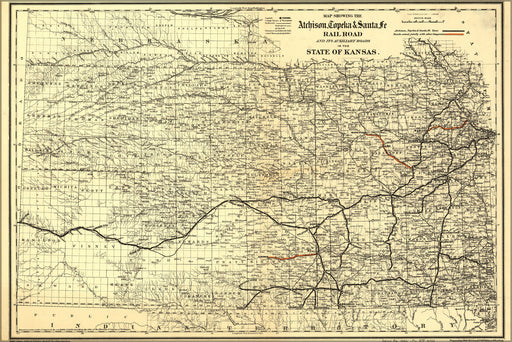 24"x36" Gallery Poster, Map of Atchison, Topeka & Santa F Rail Road in Kansas 1886