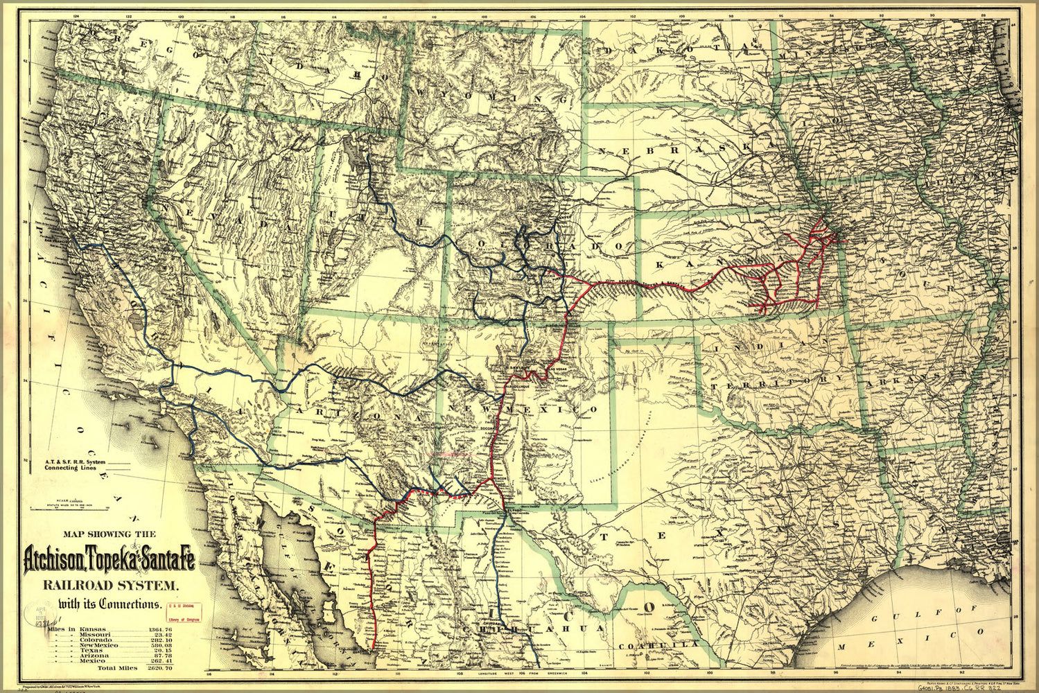 24"x36" Gallery Poster, Map of Atchison, Topeka and Santa Fe Railroad 1883