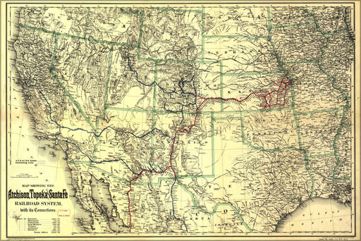 24"x36" Gallery Poster, Map of Atchison, Topeka and Santa Fe Railroad 1883