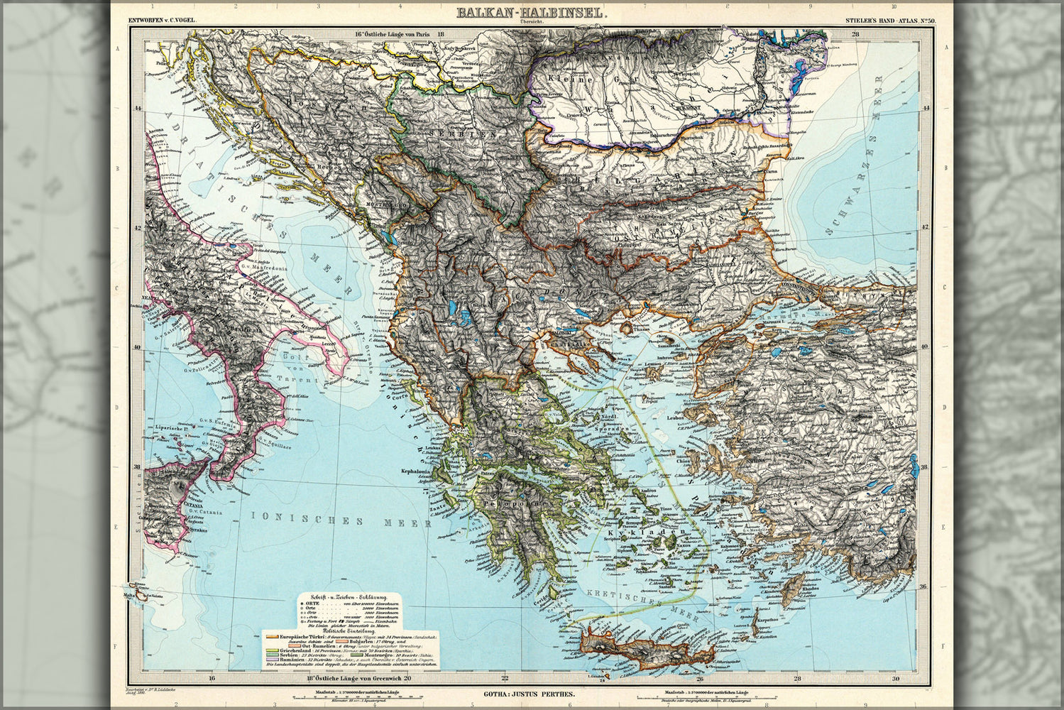 24"x36" Gallery Poster, Map of Balkan peninsula Greece Turkey Macedonia 1891 in German