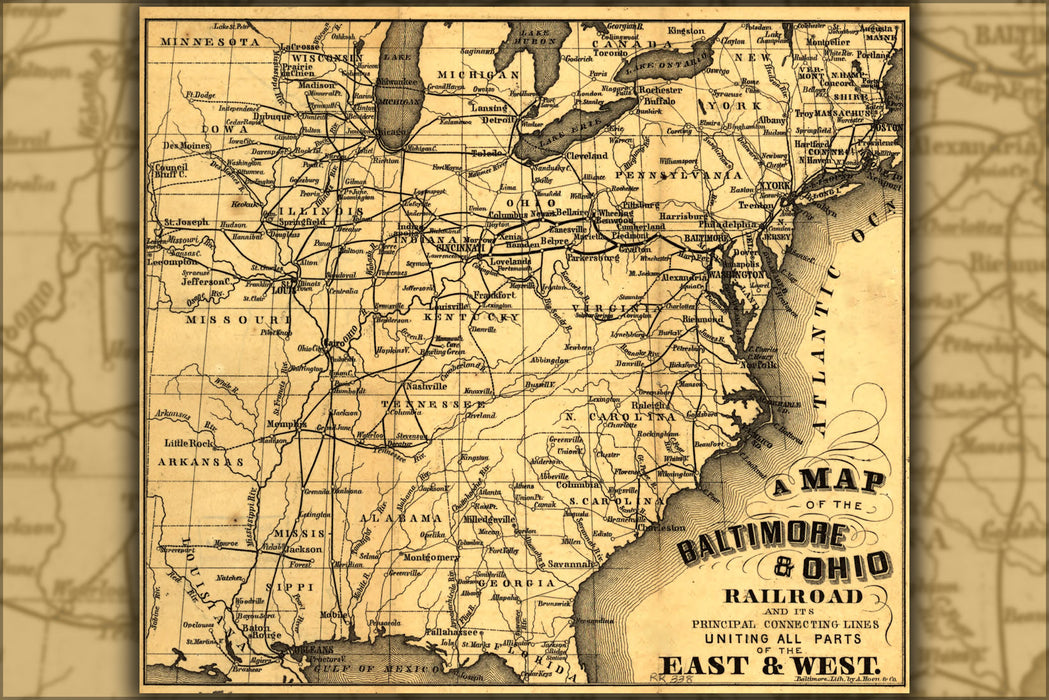 24"x36" Gallery Poster, Map of Baltimore & Ohio Railroad 1860