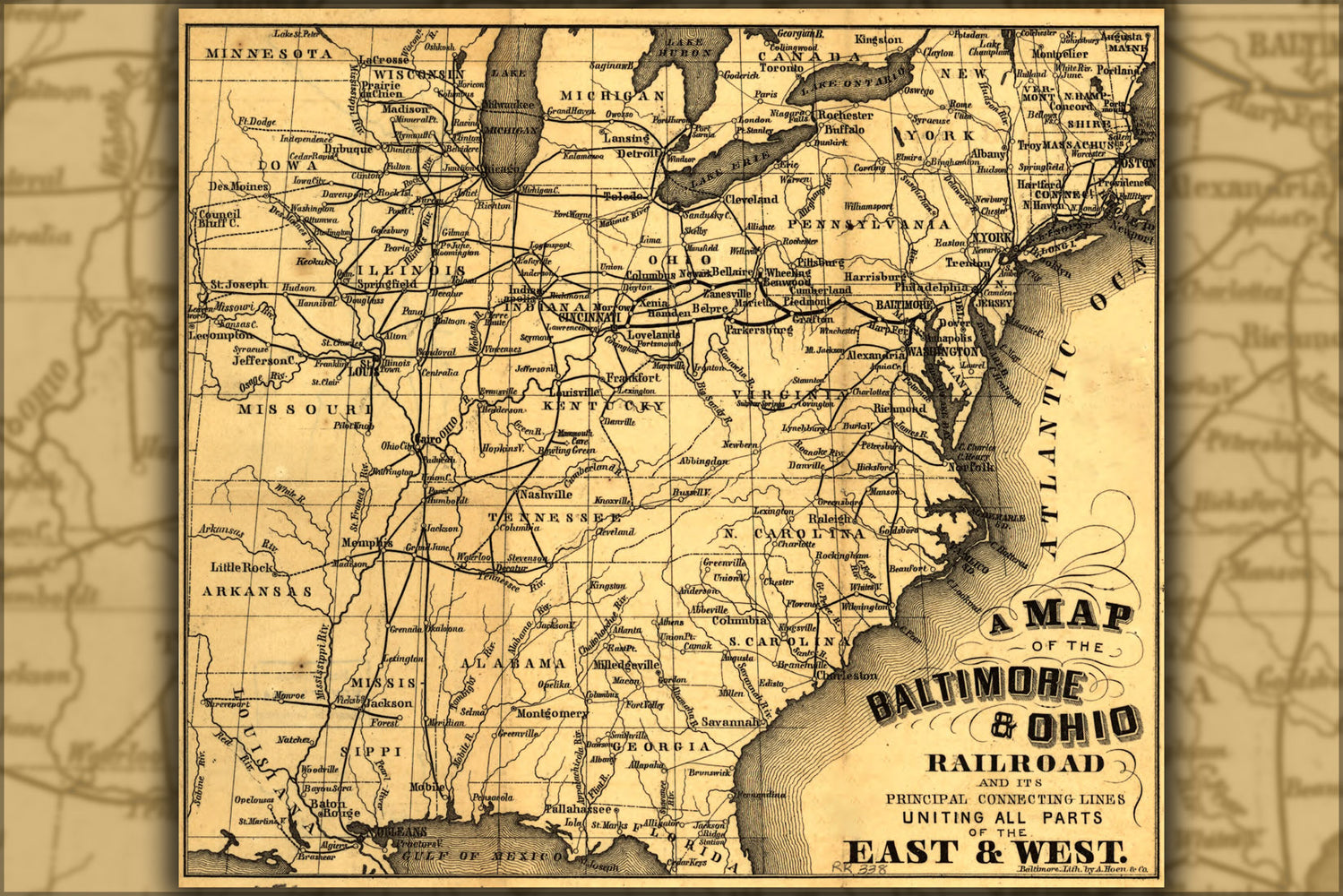 24"x36" Gallery Poster, Map of Baltimore & Ohio Railroad 1860