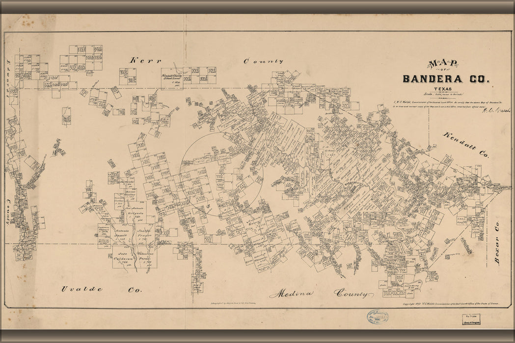 24"x36" Gallery Poster, Map of Bandera County, Texas 1879