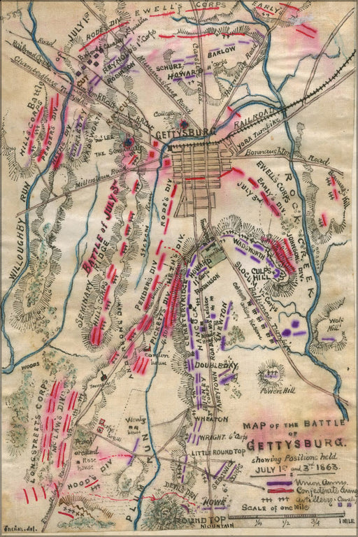 24"x36" Gallery Poster, Map of Battle of Gettysburg July 1st & 3rd 1863
