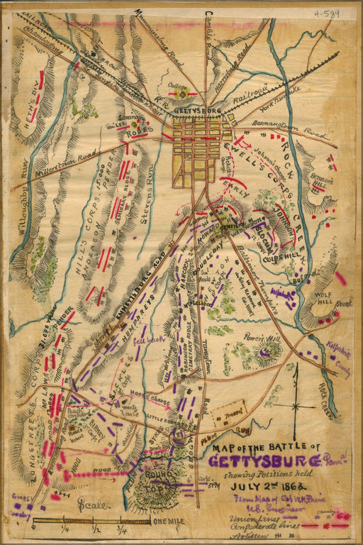 24"x36" Gallery Poster, Map of Battle of Gettysburg July 2nd 1863