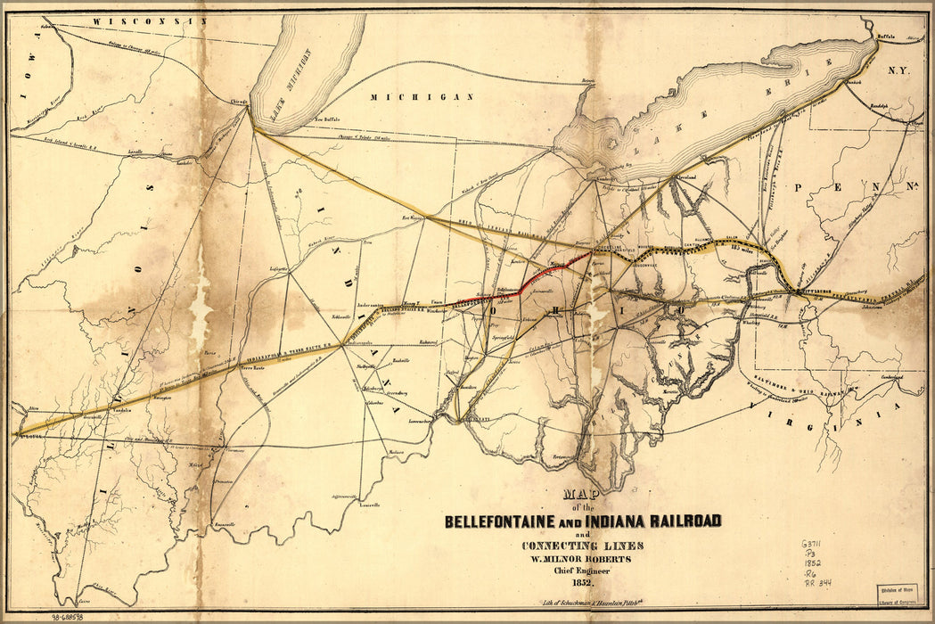 24"x36" Gallery Poster, Map of Bellefontaine & Indiana Railroad ohio 1852