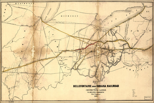 24"x36" Gallery Poster, Map of Bellefontaine & Indiana Railroad ohio 1852