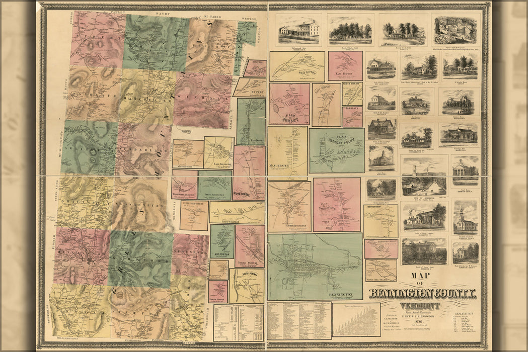 24"x36" Gallery Poster, Map of Bennington County, Vermont 1856
