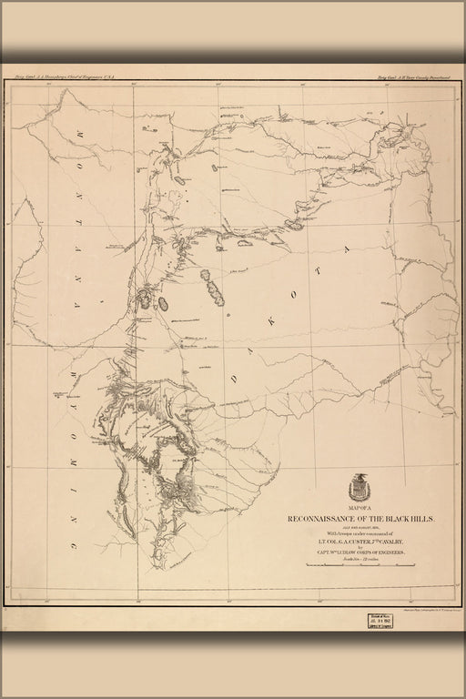 24"x36" Gallery Poster, Map of Black Hills recon general Custer, 1874