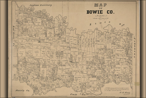 24"x36" Gallery Poster, Map of Bowie County, Texas 1879