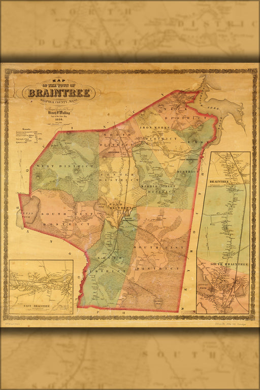 24"x36" Gallery Poster, Map of Braintree, Norfolk Co, Massachusetts 1856