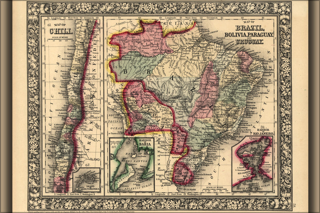 24"x36" Gallery Poster, Map of Brazil Bolivia Paraguay Uruguay Chili 1870