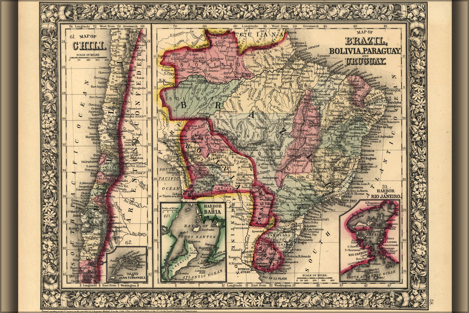 24"x36" Gallery Poster, Map of Brazil Bolivia Paraguay Uruguay Chili 1870