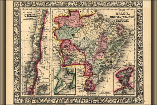 24"x36" Gallery Poster, Map of Brazil Bolivia Paraguay Uruguay Chili 1870