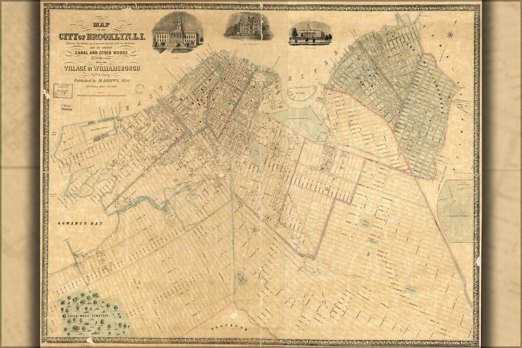 24"x36" Gallery Poster, Map of Brooklyn & Williamsburg new york city 1850