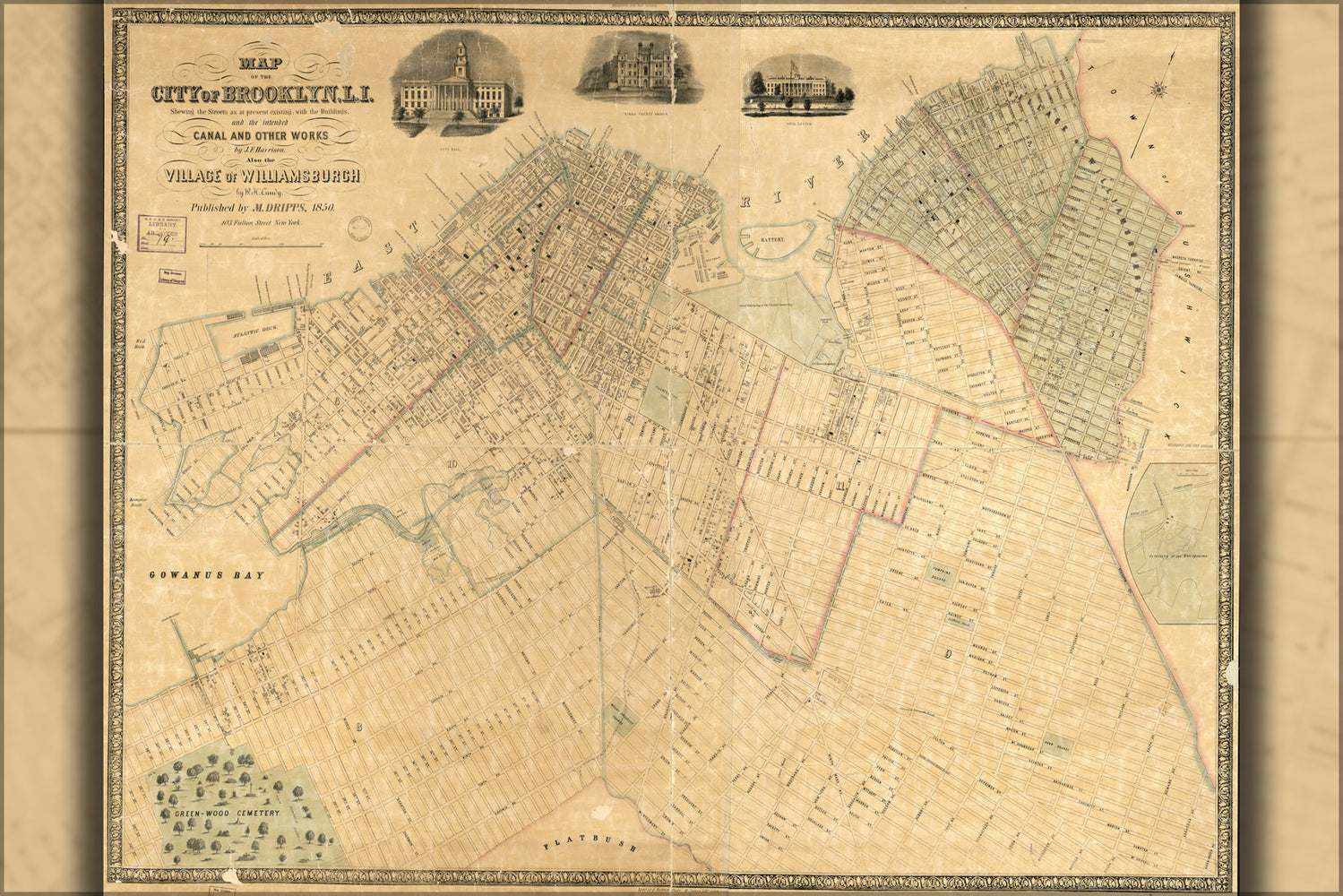 24"x36" Gallery Poster, Map of Brooklyn & Williamsburg new york city 1850