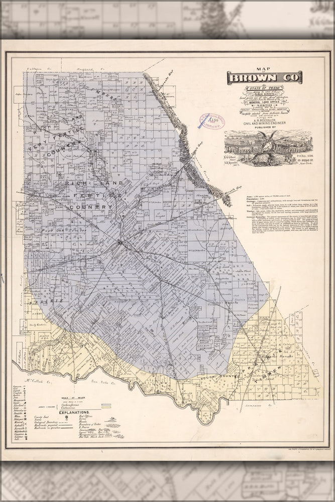 24"x36" Gallery Poster, Map of Brown Co., state of Texas  1876