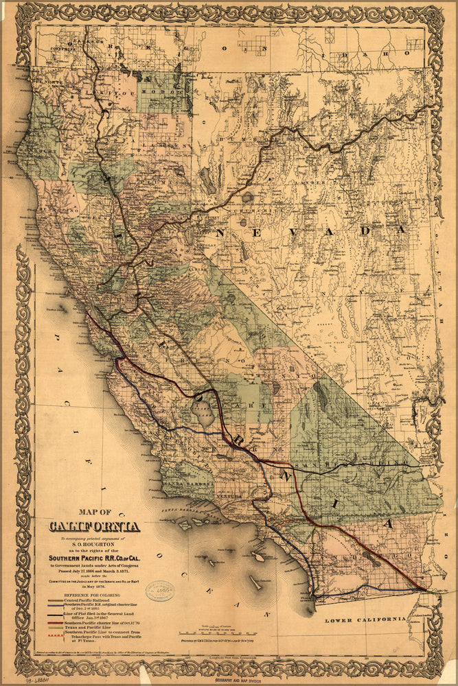 24"x36" Gallery Poster, Map of California 1876