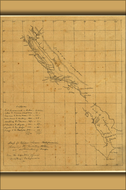 24"x36" Gallery Poster, Map of California military stations 1847