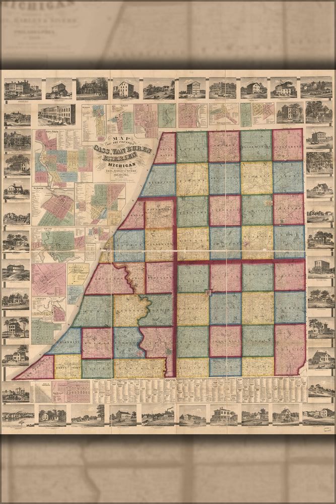 24"x36" Gallery Poster, Map of Cass Van Buren Berrien cos. Michigan 1860