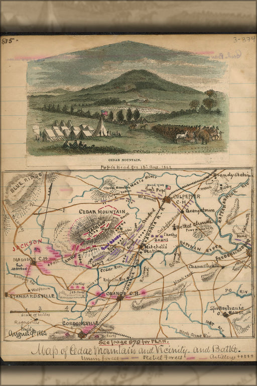 24"x36" Gallery Poster, Map of Cedar Mountain vicinity and battle 1862