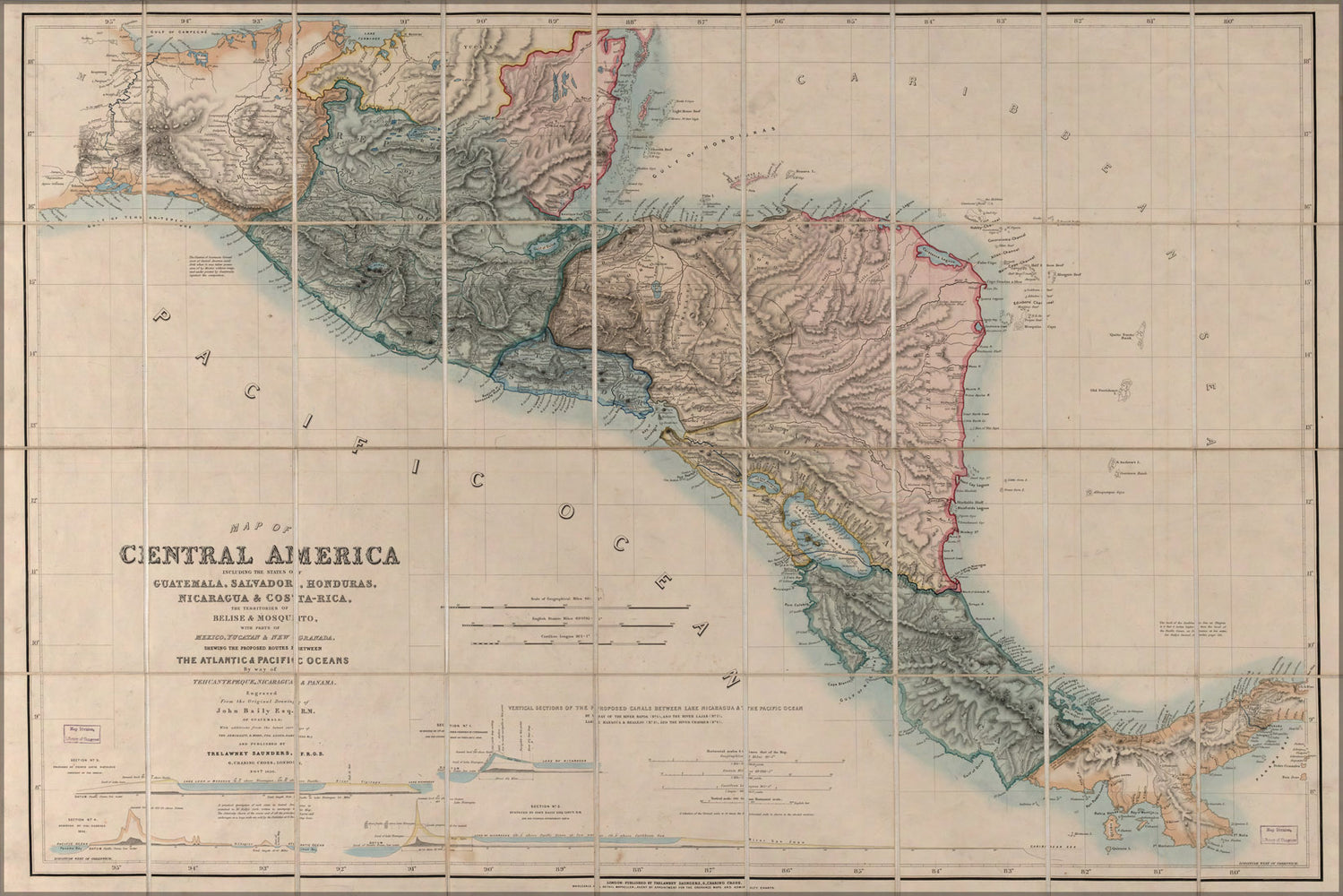 24"x36" Gallery Poster, Map of Central America; Guatemala Honduras 1850