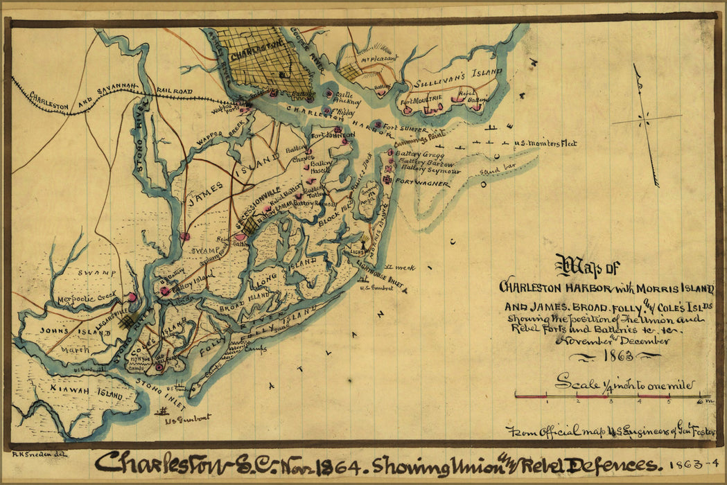 24"x36" Gallery Poster, Map of Charleston Harbor 1865