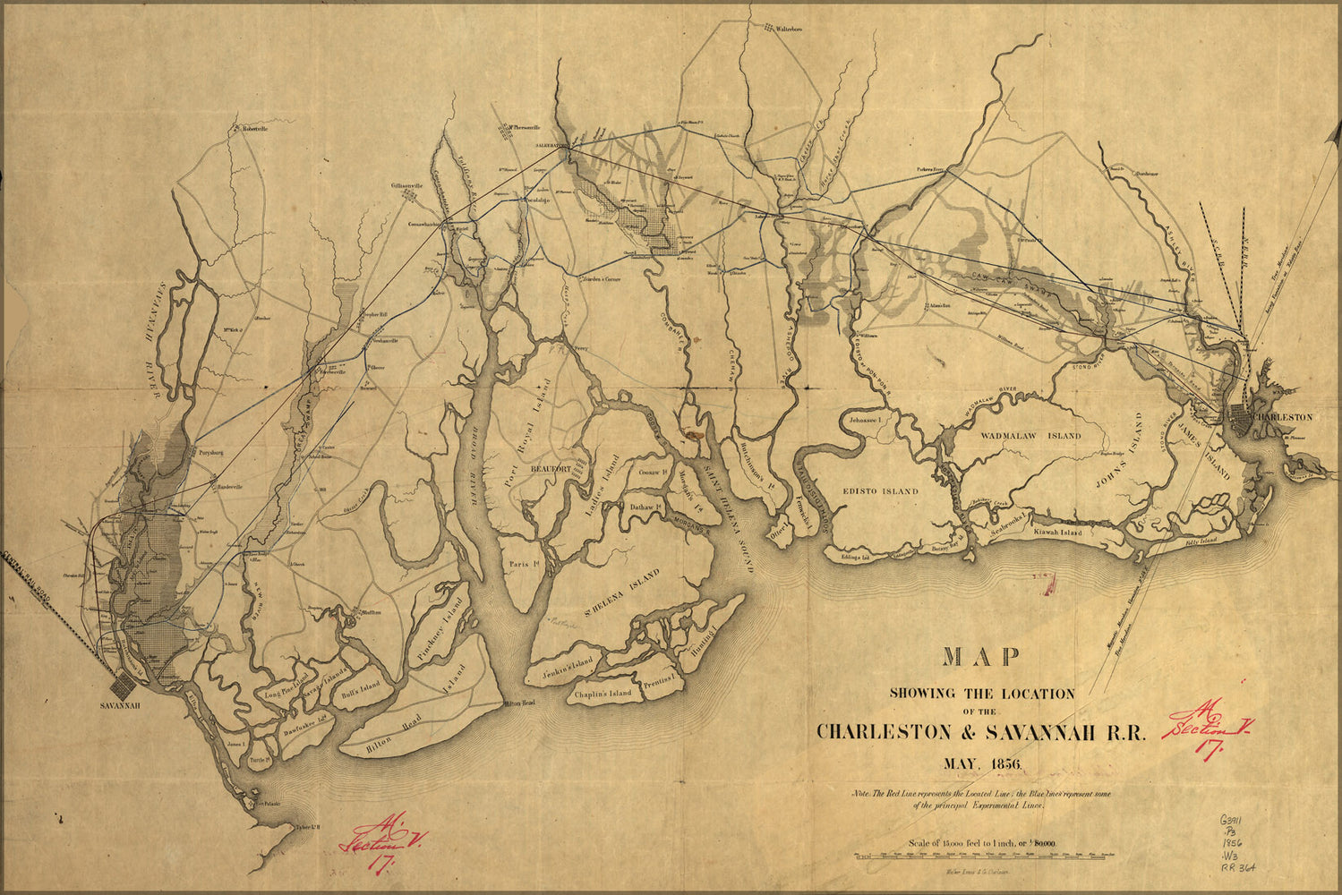 24"x36" Gallery Poster, Map of Charleston & Savannah Railroad May, 1856