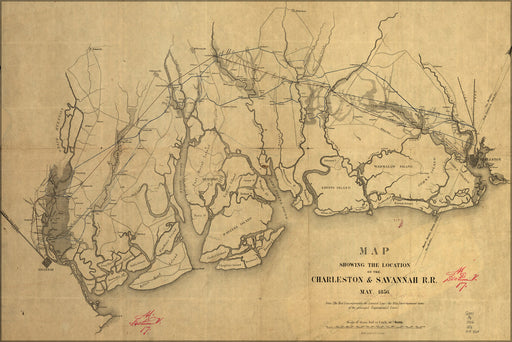 24"x36" Gallery Poster, Map of Charleston & Savannah Railroad May, 1856