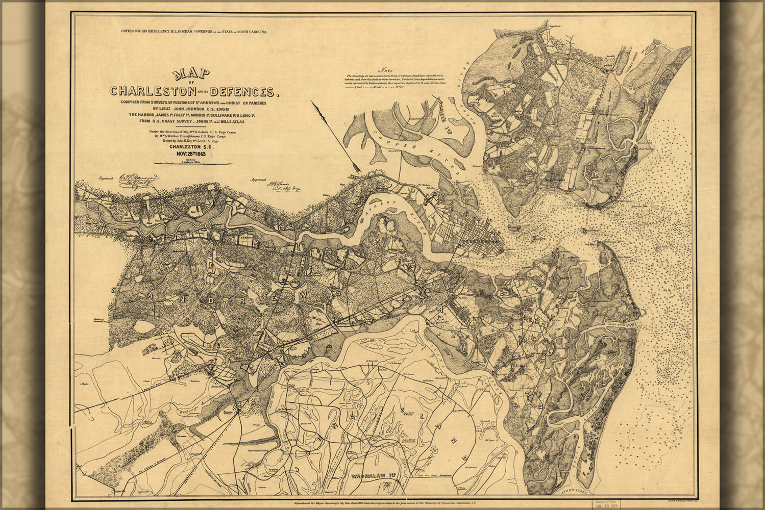 24"x36" Gallery Poster, Map of Charleston south carolina & defences 1863