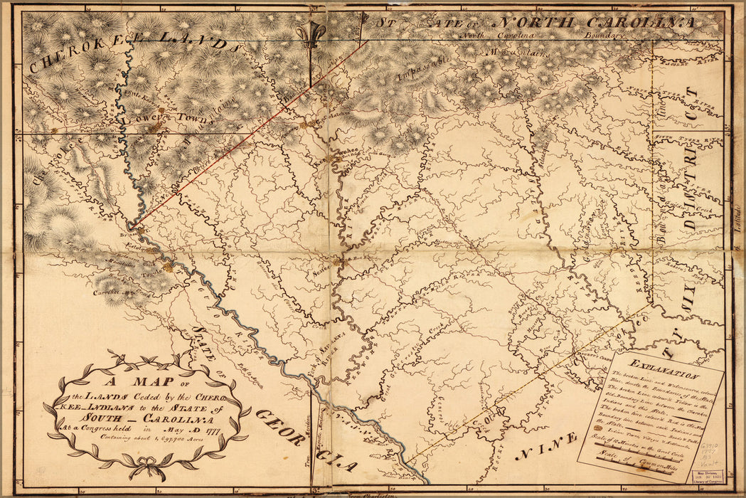 24"x36" Gallery Poster, Map of Cherokee land ceded to south carolina 1777