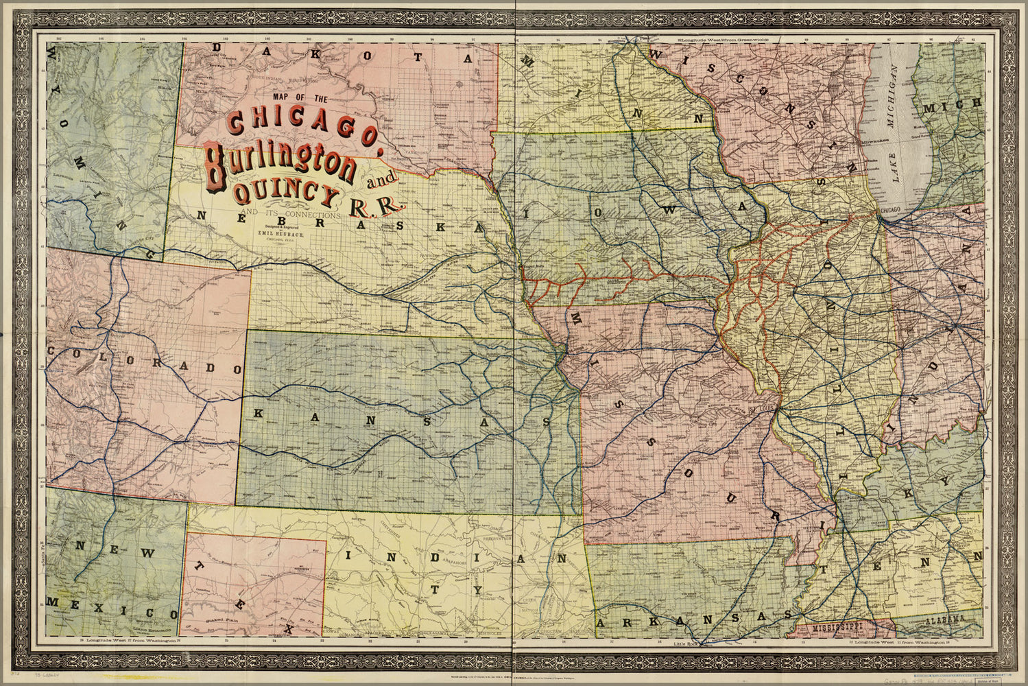 24"x36" Gallery Poster, Map of Chicago Burlington & Quincy Railroad 1879