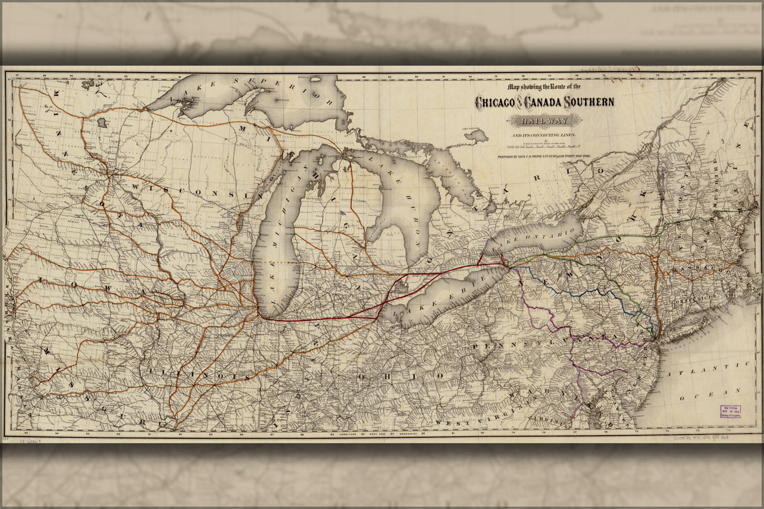 24"x36" Gallery Poster, Map of Chicago & Canada Southern Railway 1872