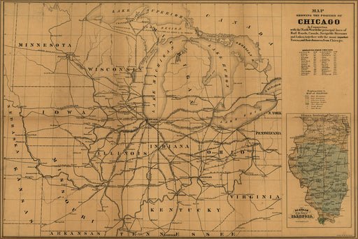 24"x36" Gallery Poster, Map of Chicago railroad & canal connections 1850