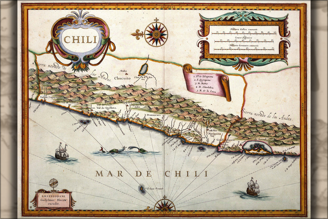 24"x36" Gallery Poster, Map of Chile by Willem Jansz. Blaeu, 1630